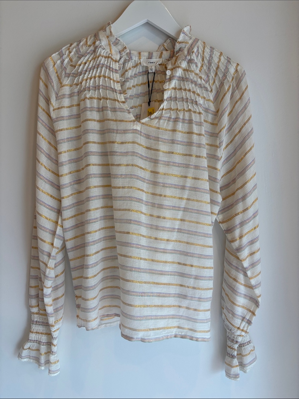 A Loves A Cream and Gold Metallic Striped Women’s Blouse NWT
